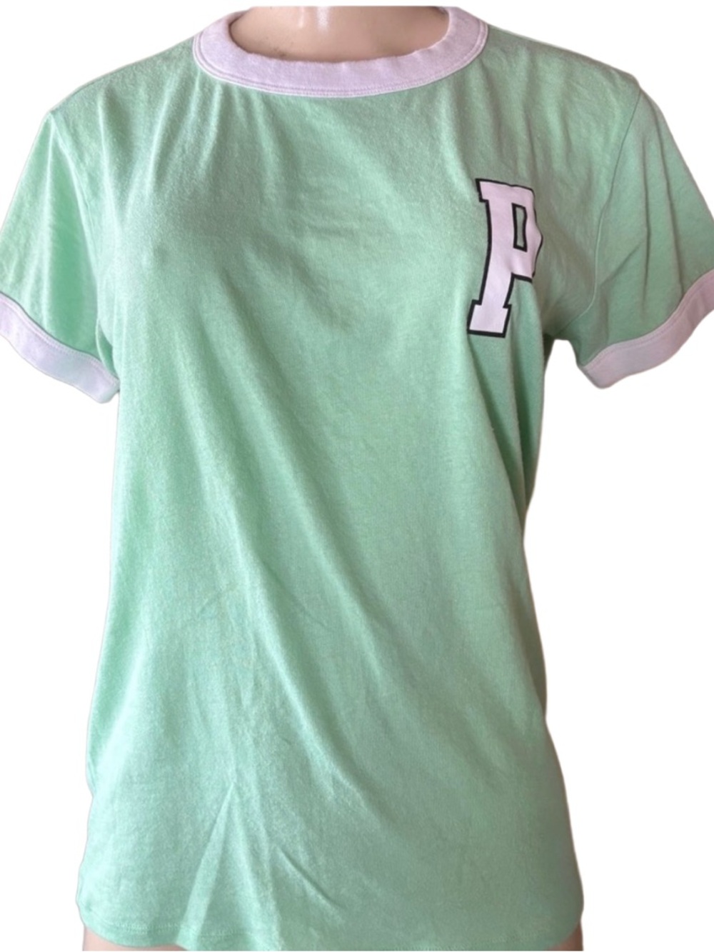 Vintage PINK Victoria's Secret Green Tee with White Accents & P Graphic.
